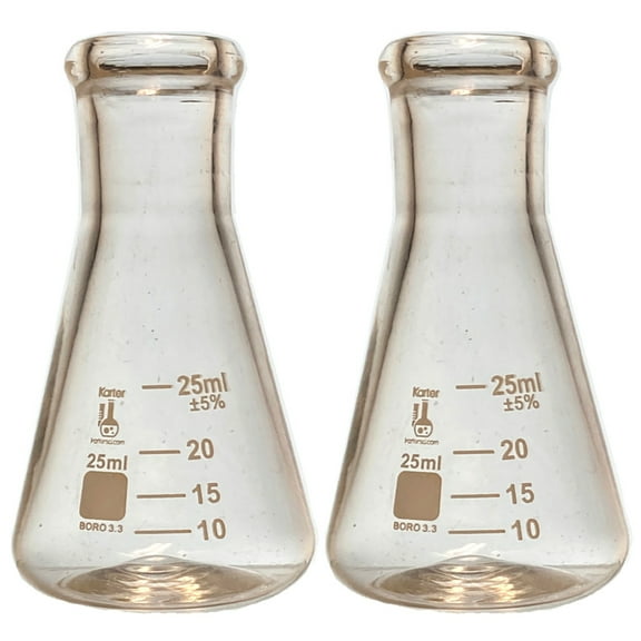 25ml Flask, Narrow Mouth Erlenmeyer, Borosilicate 3.3 Glass, Karter Scientific 250H3 (Pack 2)