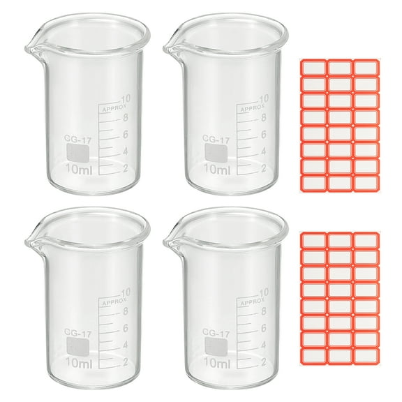 25ml Glass Beaker, 4 Pack Measuring Glass Beaker Graduated Borosilicate Lab Cups Mug Low Form Heat Safe Transparent with Spout Label for Laboratory Science Kitchen Liquids