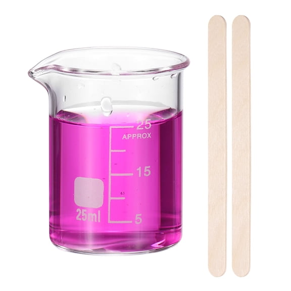 25ml Glass Beaker, Measuring Glass Beaker Graduated Borosilicate Lab Cups Mug Low Form Heat Safe Transparent with 50pcs Wood Sticks for Laboratory Science Kitchen Liquids