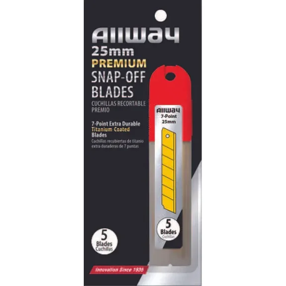 25mm Allway SB25-5T Red/Black B-Series Carded, Extra Durable Titanium 7-Point Snap Blade with, Safety Holder Dispenser, 5 Blade Pack