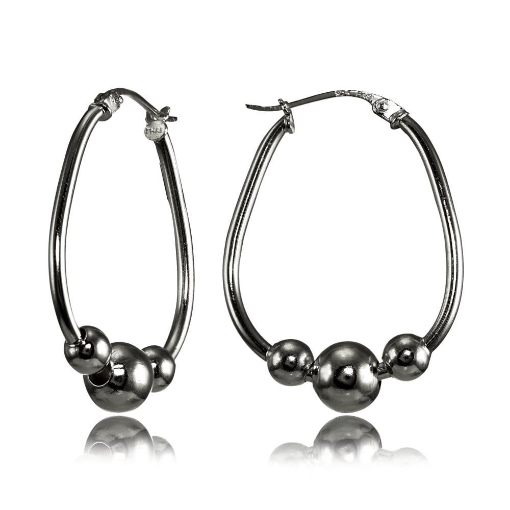 25mm Black Flashed Sterling Silver Polished Beaded Hoop Earrings