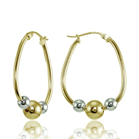 25mm Yellow Gold Flashed Sterling Silver Two-Tone Polished Beaded Hoop Earrings
