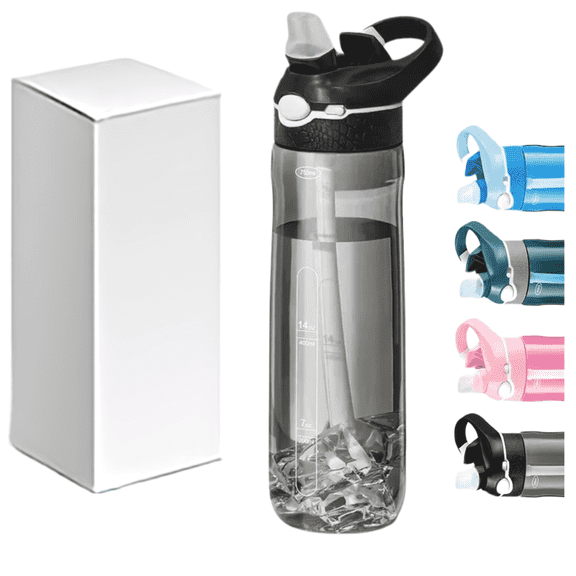 TCKJ Sports Water Bottle, Tritan with Clip Handle, Locking Lid and Straw,Travel Plastic Bottle,Black,25 oz