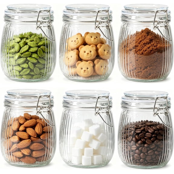 25oz Fluted Glass Mason Jars Set of 6 with Airtight Lids for Sourdough Starter, Pickling, Coffee Storage, Pantry Organization & Farmhouse Decor
