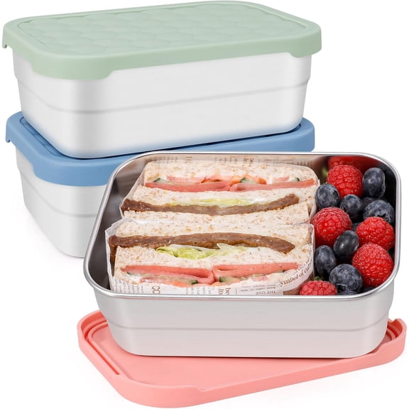 25oz Large Stainless Steel Food Containers, 3-Pack Bento Lunch Box with Silicone Lids, Leak-Proof Reusable Meal Prep Container for Sandwiches & Snacks, BPA-Free (720ML)
