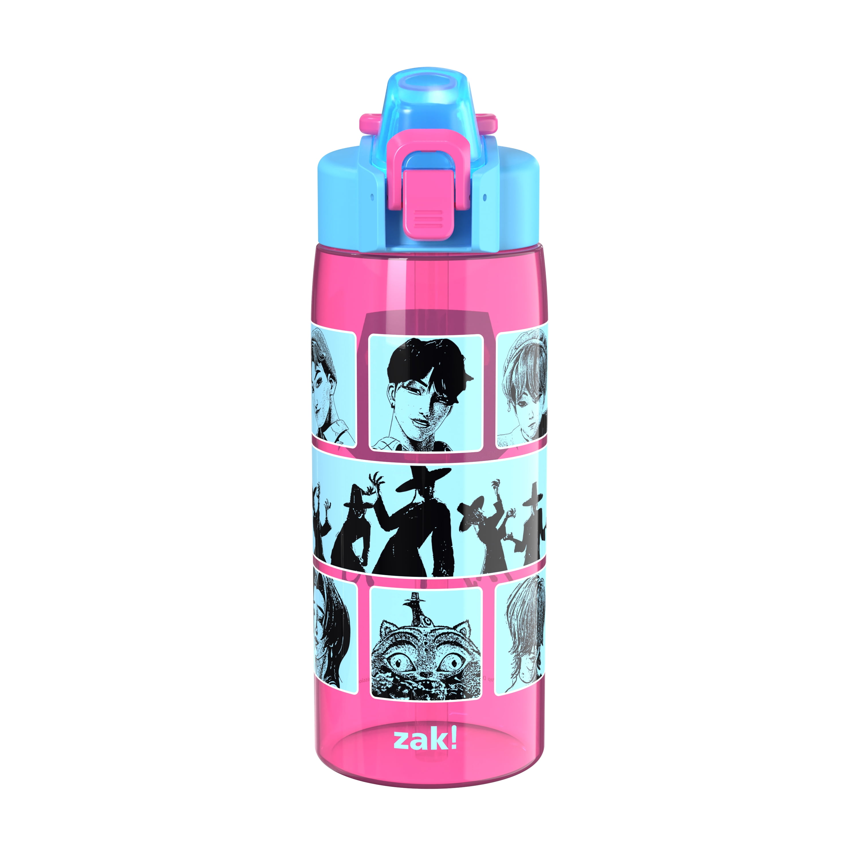 Zak Designs 25oz Kpop Demon Hunters Durable Plastic Jubilation Water Bottle with Leak Proof Spout Cover, Straw, Push Button Lid, Flip Up Lock, and Built-in Carry Handle, Saja Boys