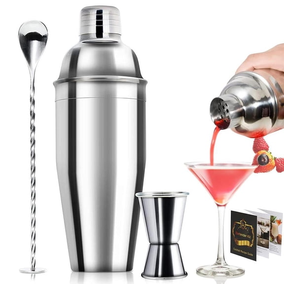 25oz Stainless Steel Cocktail Shaker Set with Built-In Strainer - Professional Bar Tool for Mixing Drinks - 3-Piece Beginner Friendly Bar Utensil