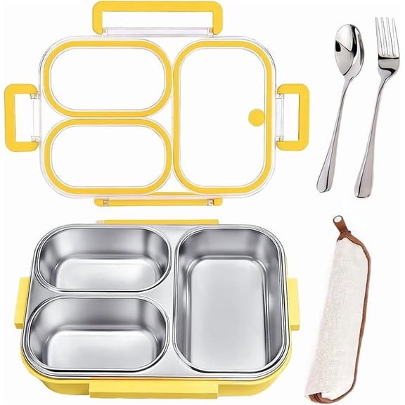 25oz Stainless Steel Lunch Kit (Bento Box + Fork/Spoon) - 3 Leakproof Compartments - Food-Grade 18/8 Steel - School/Office/Travel Ready - Dishwasher Safe (Yellow)