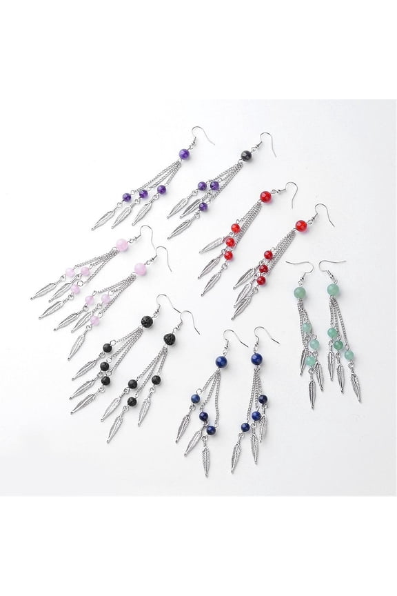 25pairs Natural Gemstone Dangle Earrings Tassels Earrings with Brass Earring Hooks Feather 110mm Pin: 0.7mm