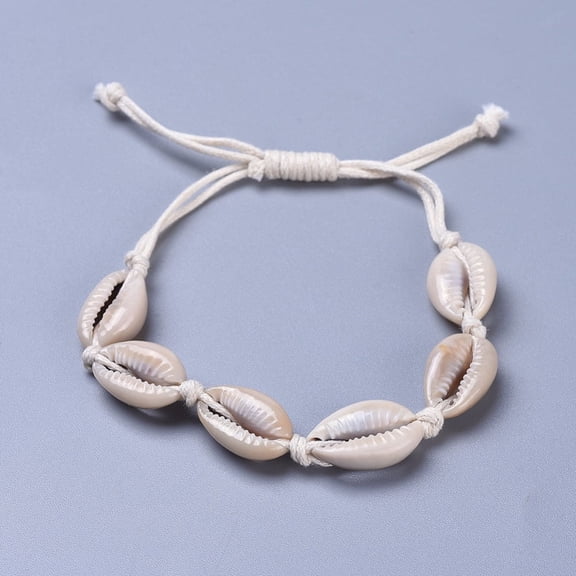 25pc Adjustable Cowrie Shell Bead Bracelets with Waxed Cotton Cords Pale Goldenrod 10-1/2 inch(26.6cm)