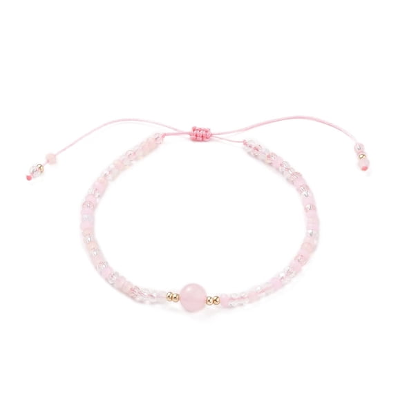 25pc Adjustable Nylon Thread Bead Bracelets with Round Natural Rose Quartz Beads and Glass Seed Beads Inner Diameter: 1-3/4~3-3/8 inch(4.5~8.5cm)