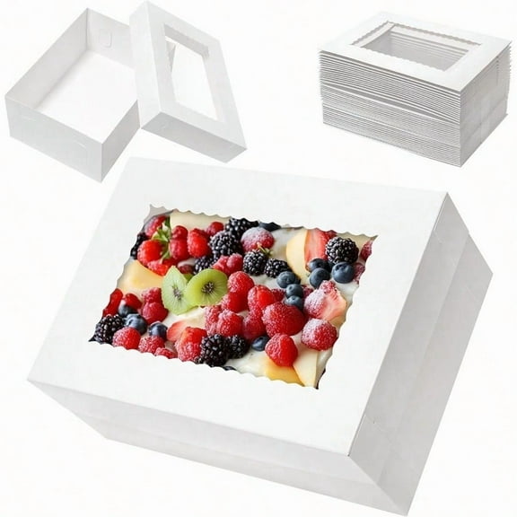25pcs 14x10x6 Cake Boxes with Window Rec Quarter Sheet Bakery Boxes for Pastry Baking Cake Cupcakes Donuts Cookies Pie Treat Packaging White Large