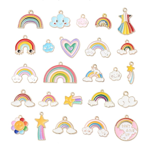 25pcs 25 style Light golden Alloy Enamel Pendants Cloud & Rainbow & Flower & Star & Meteor & Heart & Flat Round Mixed color 14~26.5x15.5~31.5x1.3~3.5mm Hole: 1~2.5mm 1pcs/style