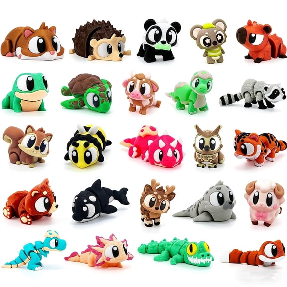 25pcs 3D Printed Animals Figurines Set with Movable Joints for Desk Decor
