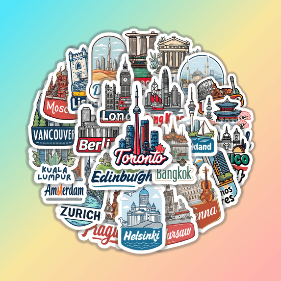 25pcs Adorable City Logo Sticker Set With English Design From Around The World For Laptop Suitcase Car Decoration
