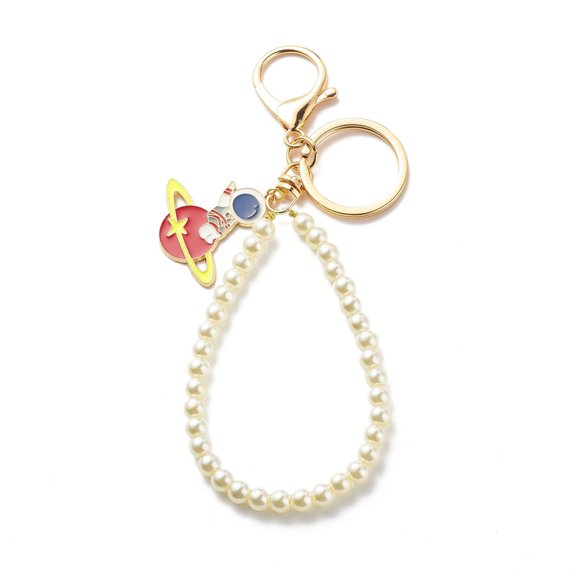 25pcs Alloy Enamel Spaceman Keychains Glass-Based Imitation Pearl Keychains with Alloy & Iron Keychain Clasp Findings Red 16cm : 35x34x1.5mm