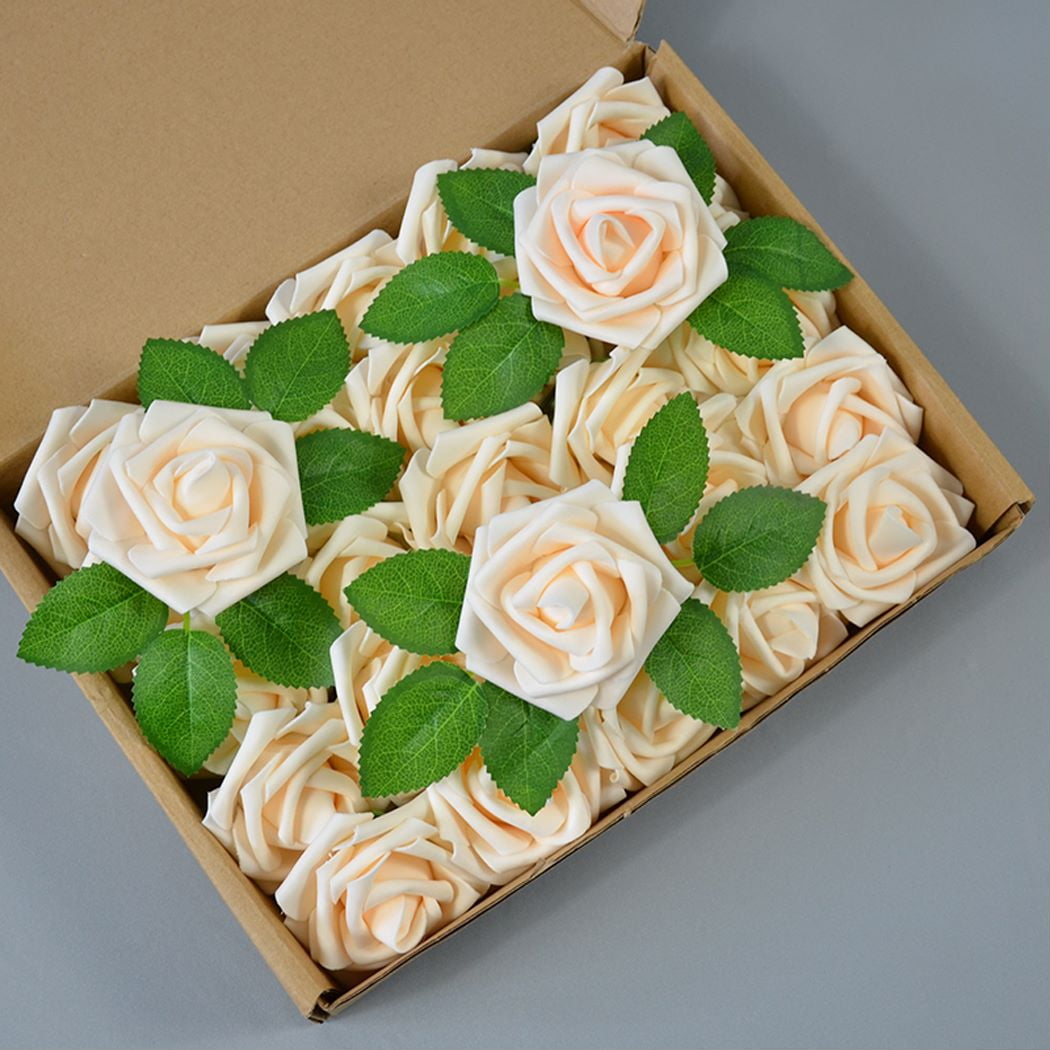 25pcs Artificial Flowers Champagne Foam Rose Bulk with Stems for DIY ...