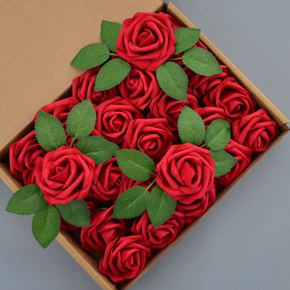25pcs Artificial Flowers Dark Red Foam Rose Bulk with Stems for DIY Wedding Bouquets Bridal Shower Centerpieces Floral Arrangements Party Tables Home Decorations