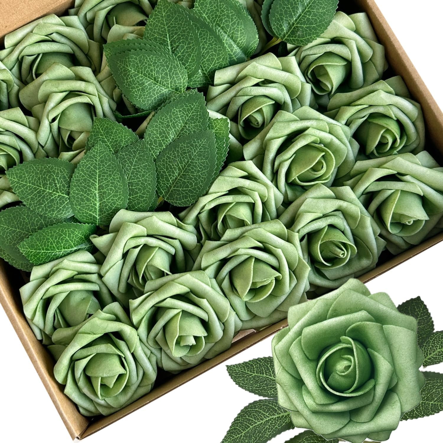 25pcs Artificial Flowers Foam Fake Rose with Stems 8 Leaves Real ...