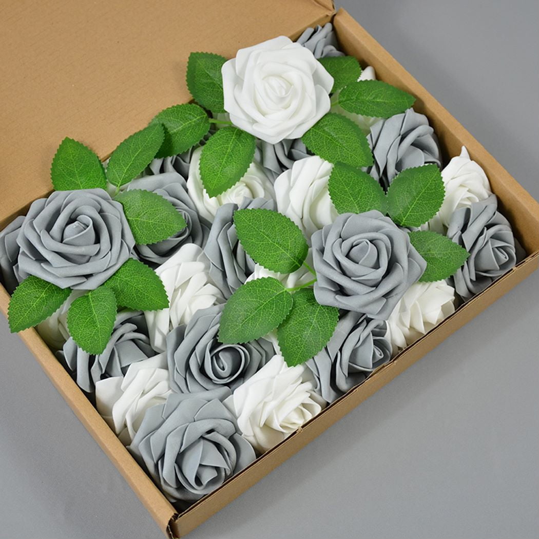 25pcs Artificial Flowers Grey White Foam Rose Bulk with Stems for DIY ...