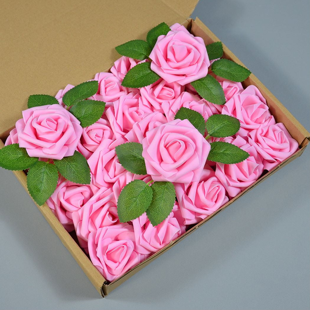 25pcs Artificial Flowers Hot Pink Foam Rose Bulk with Stems for DIY ...