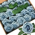 thumbnail image 1 of 25pcs Artificial Flowers Light Blue Foam Fake Rose with Stems 8 Leaves Real Looking Faux Roses for Wedding Bouquets Bridal Shower Centerpieces Arrangements Party Tables Decorations DIY Dusty Blue, 1 of 12