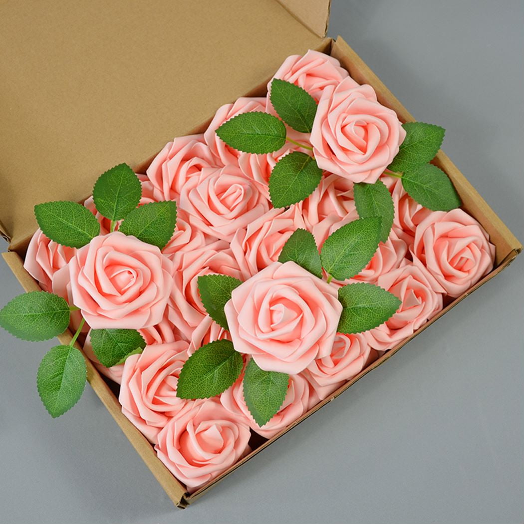 25pcs Artificial Flowers Pink Foam Rose Bulk with Stems for DIY Wedding ...