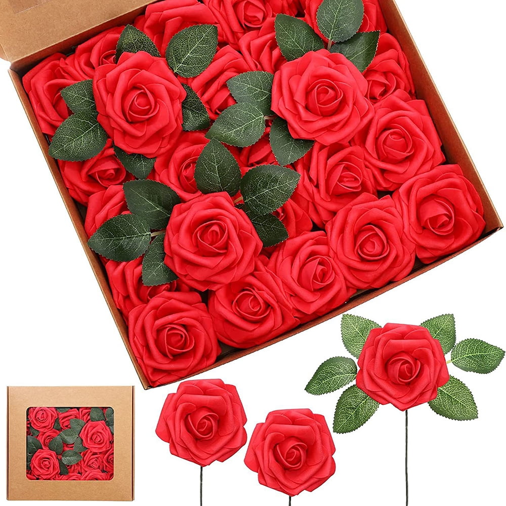 25pcs Artificial Flowers Real Touch Artificial Rose with Stems Foam