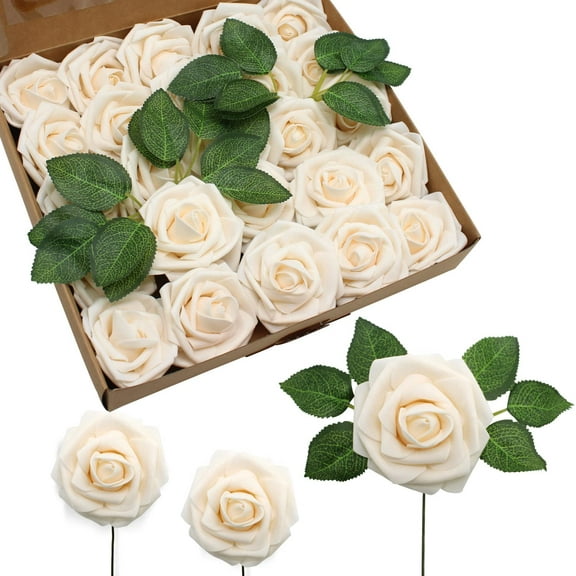 25pcs Artificial Flowers Realistic Roses - Fake Roses with Stem for DIY Wedding Bouquets, Centerpieces, Bridal Shower, Party, Home Decorations - Champagne
