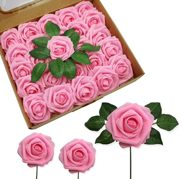 25pcs Artificial Flowers Realistic Roses - Lifelike Fake Roses with Stem for DIY Wedding Bouquets, Centerpieces, Bridal Shower, Party, and Home Decorations - Stunning Deep Pink Color - Regular 3" Size