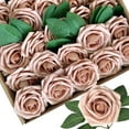 thumbnail image 1 of 25pcs Artificial Flowers Terracotta Foam Fake Rose with Stems 8 Leaves Real Looking Light Brown Faux Roses for Wedding Bouquets Bridal Shower Centerpieces Arrangements Party Tables Decorations DIY, 1 of 11