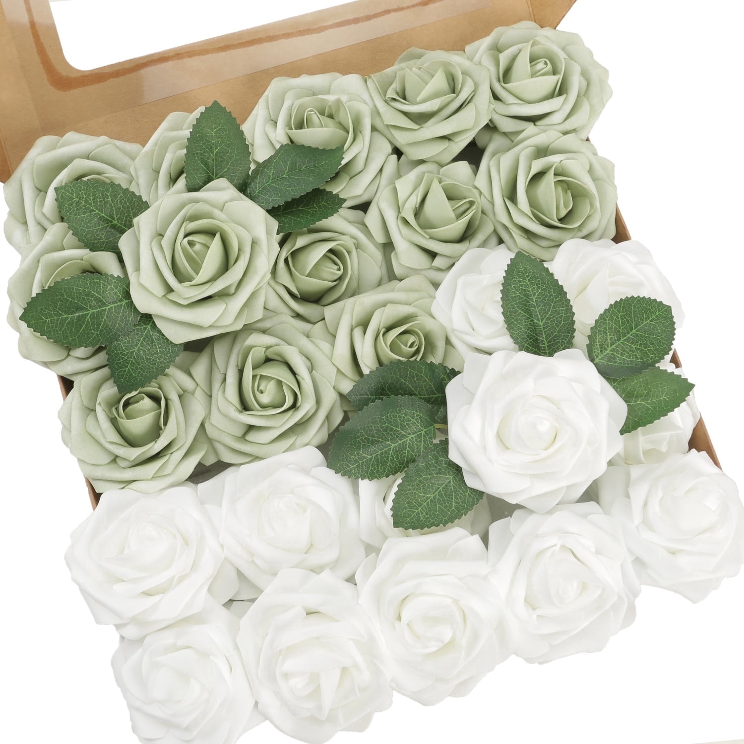 25Pcs Sage Green and White Artificial Foam Flowers with Stems, Fake Roses for DIY Wedding Bouquets, Centerpieces, Bridal Shower & Home Decor