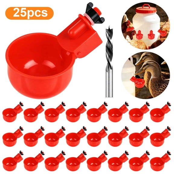 25pcs Automatic Chicken Water Cups, EEEkit Poultry Waterer Cups with Drill Bit, Poultry Watering System for Chickens, Ducks, Quails