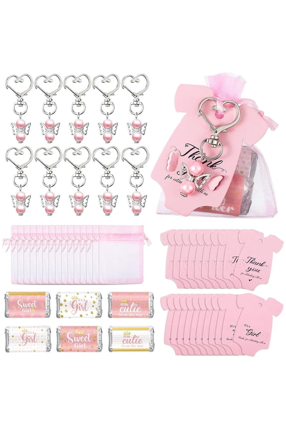 25pcs Baby Shower Party Favors Include Baby Shower Angel Keychains Baby Girl Label Sticker Elephant Thank You Card Organza Bag for Girl Baby Shower Birthday Party Return Gift (Pink)