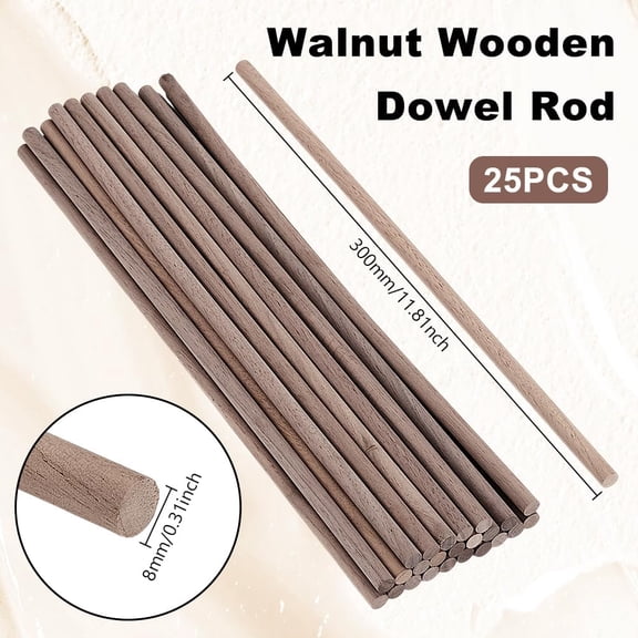 25pcs Black Walnut Wood Craft Sticks Round Wooden Sticks for Model Building Wood Crafts Home Garden Decoration Column Tan 300x8mm