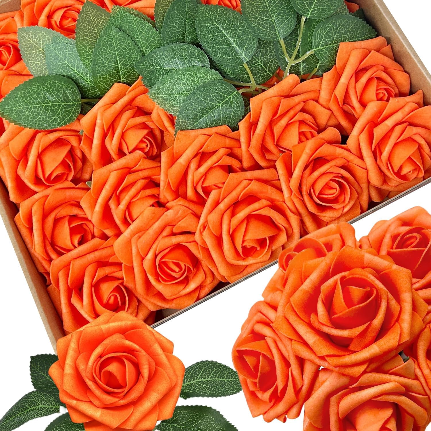 25pcs Bright Orange Artificial Flowers Foam Fake Rose with Stems 8 ...