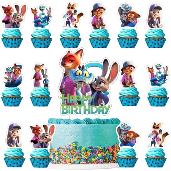 25pcs Cartoon Cake Decorations with 24pcs Cupcake Toppers, 1pcs Cake Topper for Cartoon Birthday Party Supplies