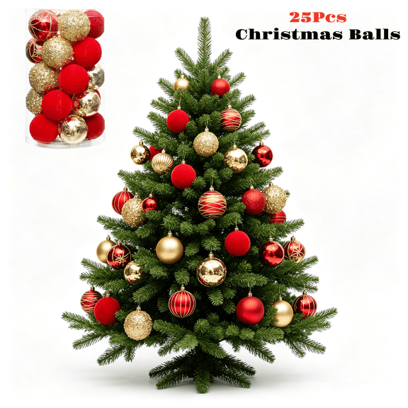 25pcs Christmas Ball Ornaments Set - 2.36 in For Tree, Home & Party Decor - Red/Gold