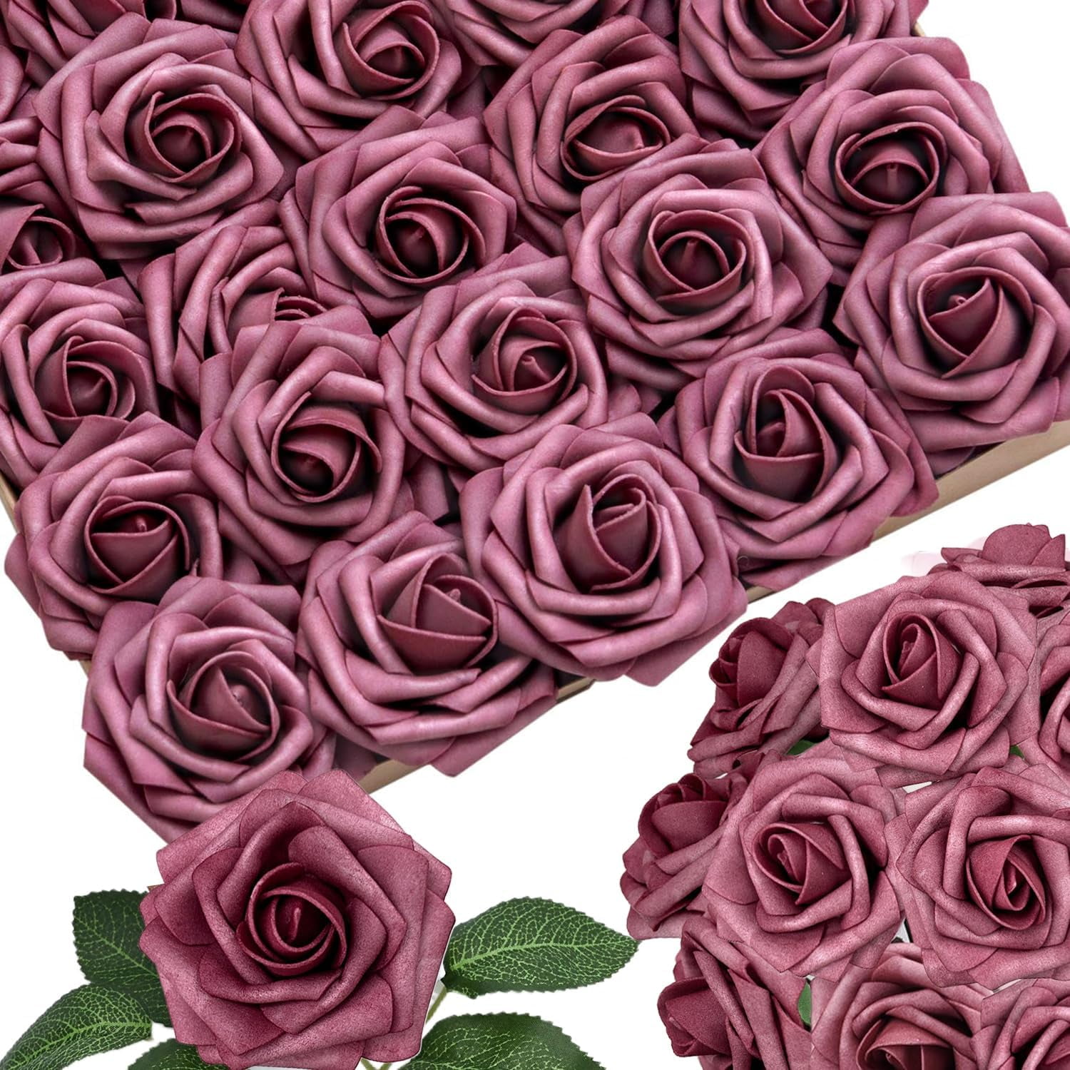 25pcs Dusty Pink Artificial Flowers Dark Pink Foam Fake Rose with Stems ...