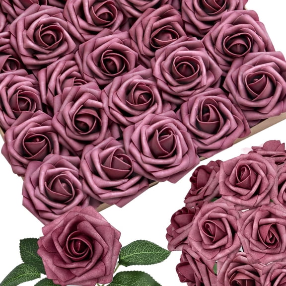 25pcs Dusty Pink Artificial Flowers Dark Pink Foam Fake Rose with Stems 8 Leaves Real Looking Faux Roses for Wedding Bouquets Bridal Shower Centerpieces Arrangements Party Tables Decorations DIY