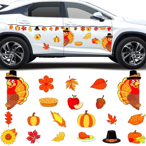 25pcs Fall Thanksgiving Car Reflective Magnets, Turkey Car Decorations Waterproof Decal Fridge Refrigerator Automotive Garage Door Magnetic Sticker for Cars Metal Surface