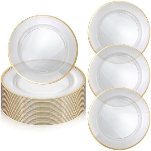 25pcs Gold Charger Plates Bulk,12 Inches Clear Charger Plate with Gold Trim,Plastic Disposable Chargers Plates for Dinner, Wedding, Party, New Year