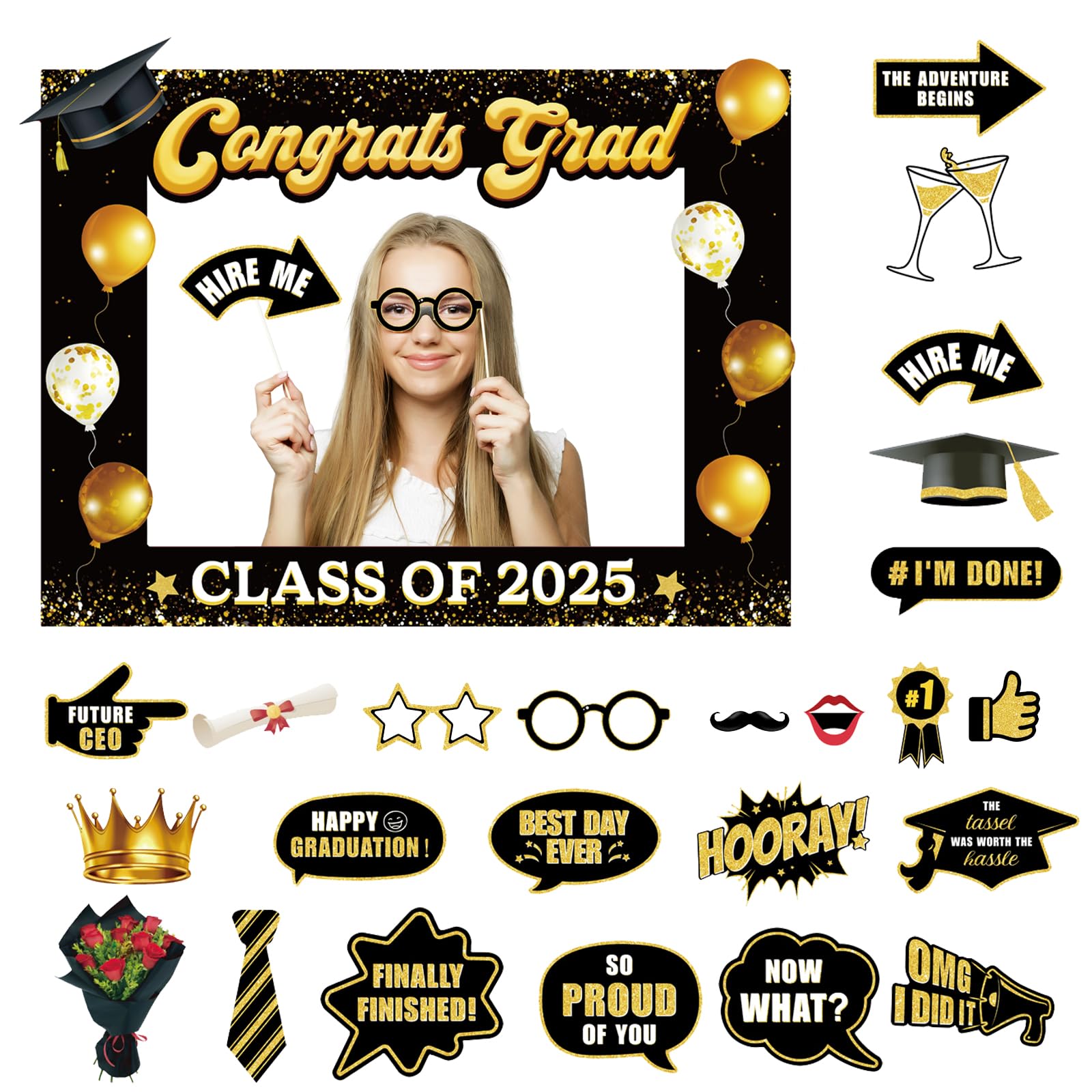 25pcs Graduation Photo Booth KEF16 Props and Frame Class of 2025 Black ...