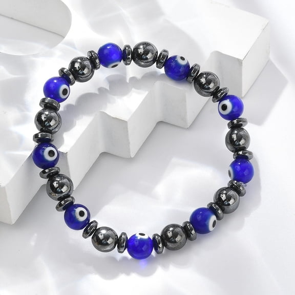 25pcs Handmade Lampwork Beads Stretch Bracelets with Non-Magnetic Hematite Beads Round Blue 2-1/4 inch(5.8cm)