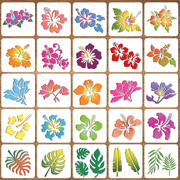 25pcs Hibiscus Stencils Hawaii Flower Drawing Templates for Tropical Party Painting Wall Decor, Palm Leaves Painting Stencil Tropical Floral Painting Stencils for Summer Art Craft Wood Home