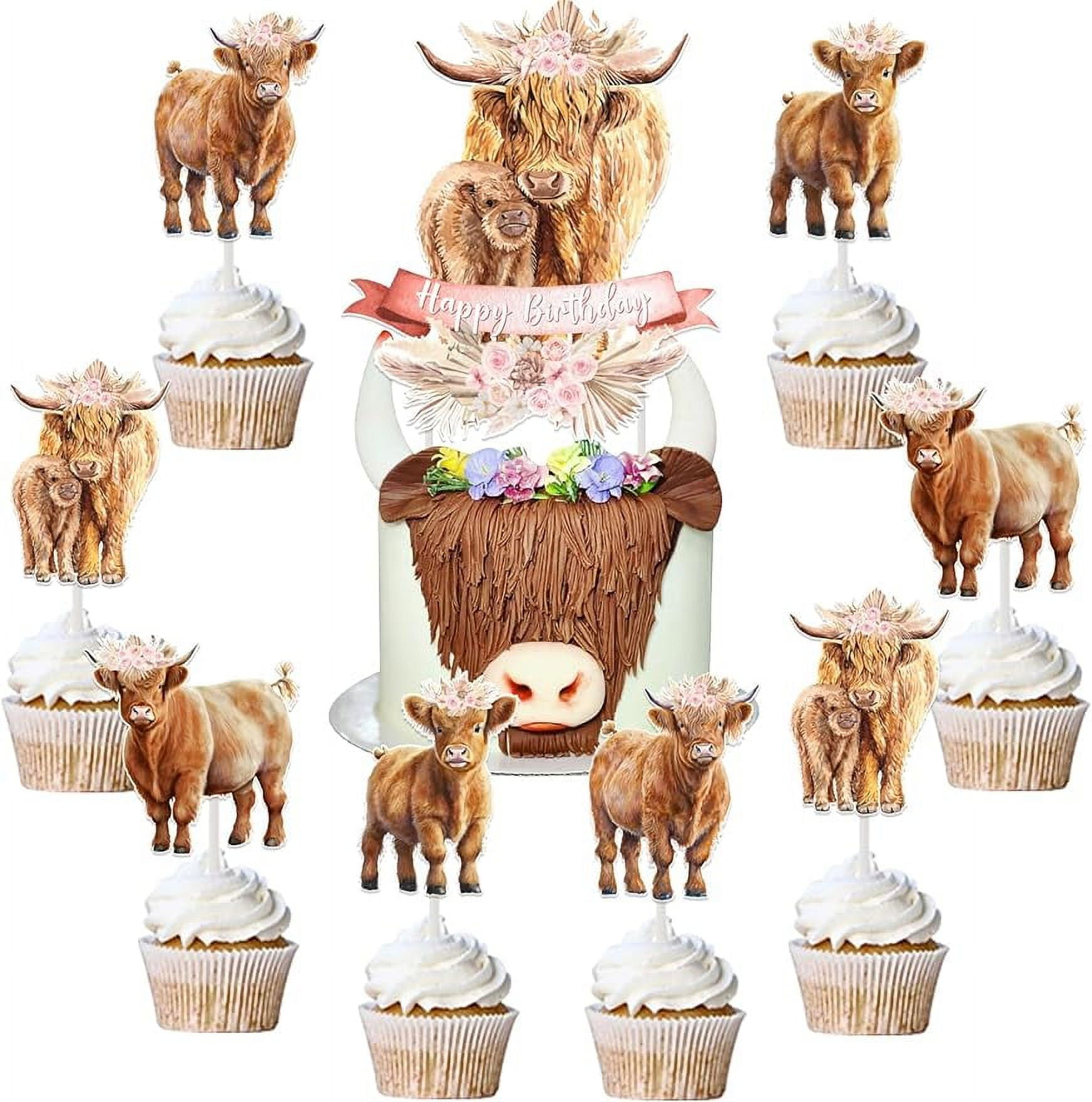 25pcs Highland Cow Cake Topper and Cupcake Toppers Pink Highland Cow
