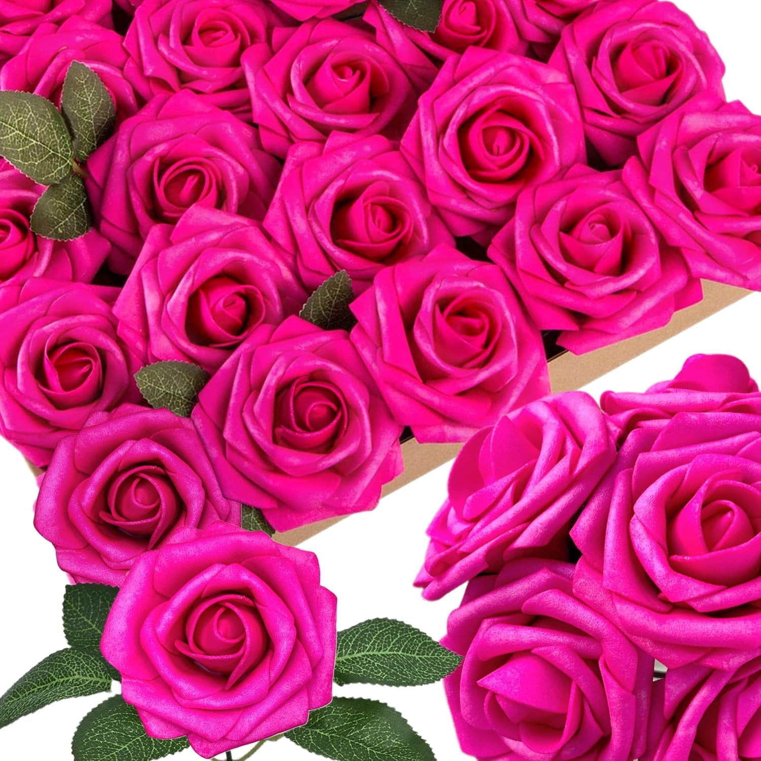 25pcs Hot Pink Artificial Flowers Fuchsia Foam Fake Rose with Stems 8 ...