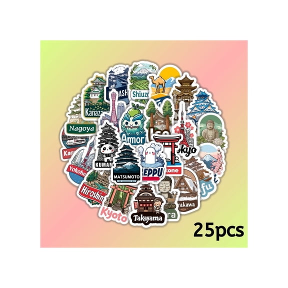 25pcs Japanese Art Travel Landmark Sticker Pack, Waterproof Vinyl Decals for Laptops, Journals, Water Bottles, Luggage