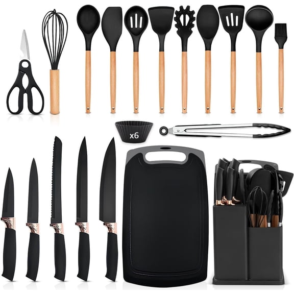 25pcs Kitchen Cooking Utensil & Knife Set with Block | Silicone Utensils, Sharp Stainless Chef Knives, Cutting Board | Complete Home Cooking Tools