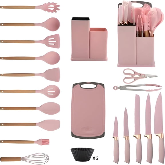 25pcs Kitchen Cooking Utensil & Knife Set with Block | Silicone Utensils, Sharp Stainless Chef Knives, Cutting Board | Complete Home Cooking Tools